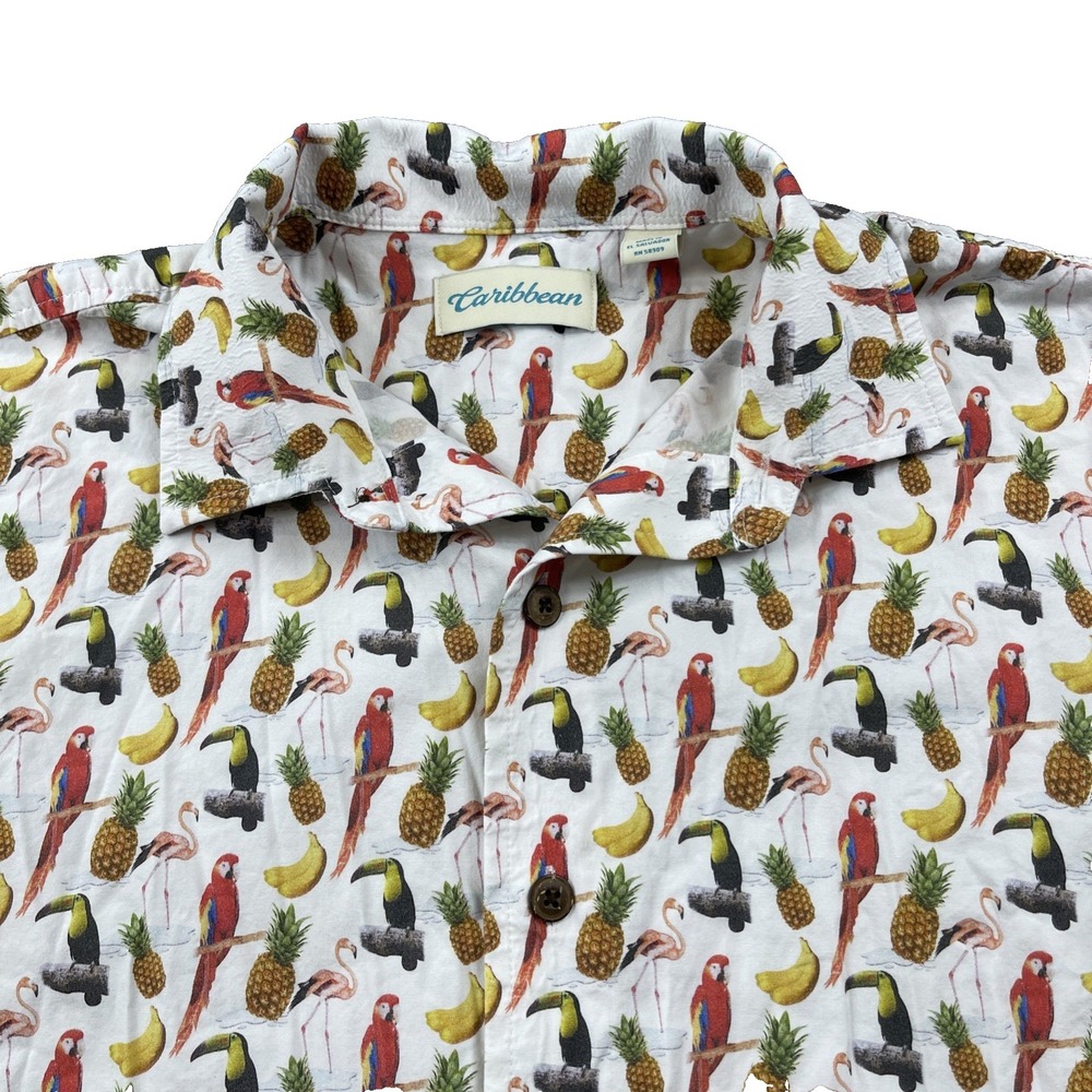Caribbean‎ Hawaiian Shirt Men's Large Parrot Flamingo Pineapple Toucan FUN